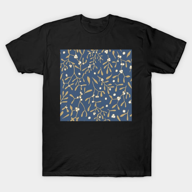 golden mistletoe and berries on dark cobalt blue seamless repeat pattern T-Shirt by colorofmagic